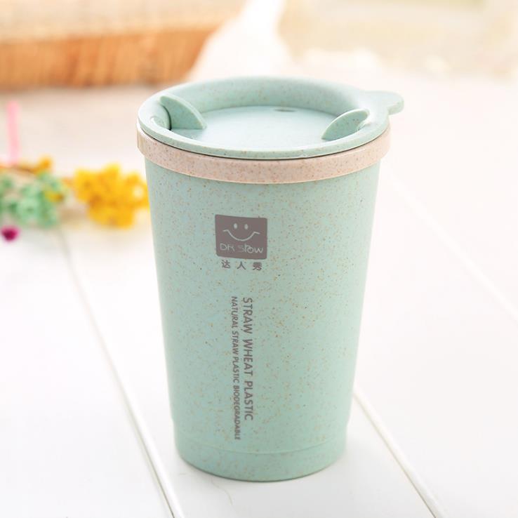 280ML Double-wall Insulation Wheat Fiber Straw Coffee Cup Travel Mug Leakproof plastic cups with lids tea cup cute coffee cup: Green