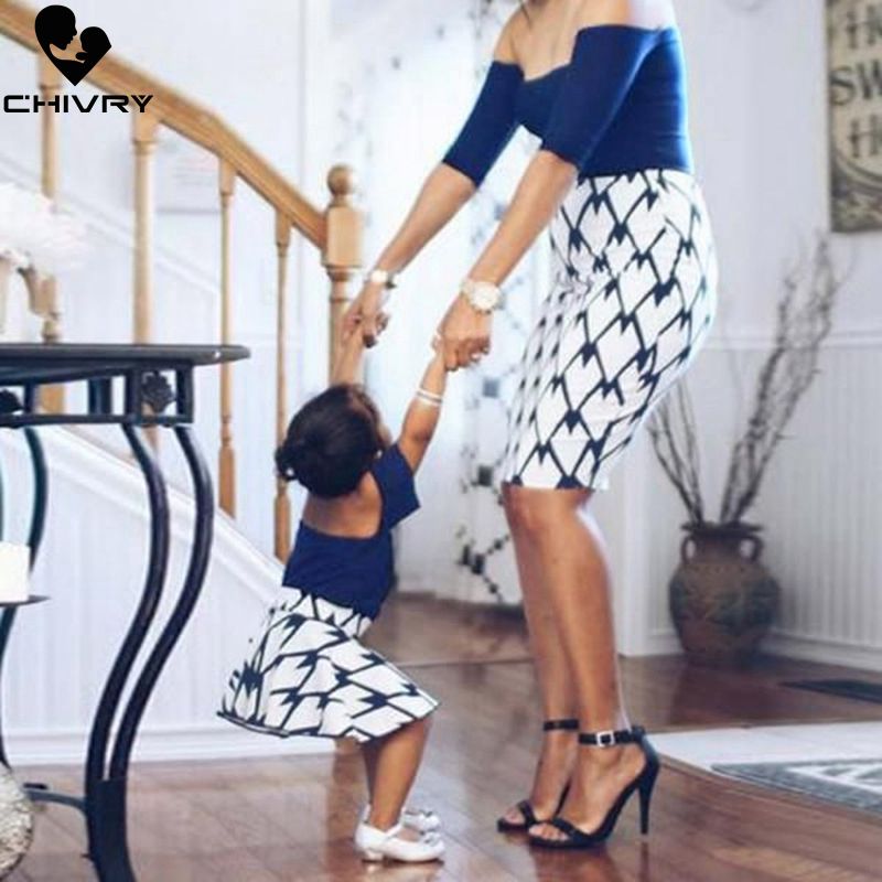 Chivry mor datter kjoler patchwork slash neck off shoulder kjole mor og datter kjole familie matchende tøj