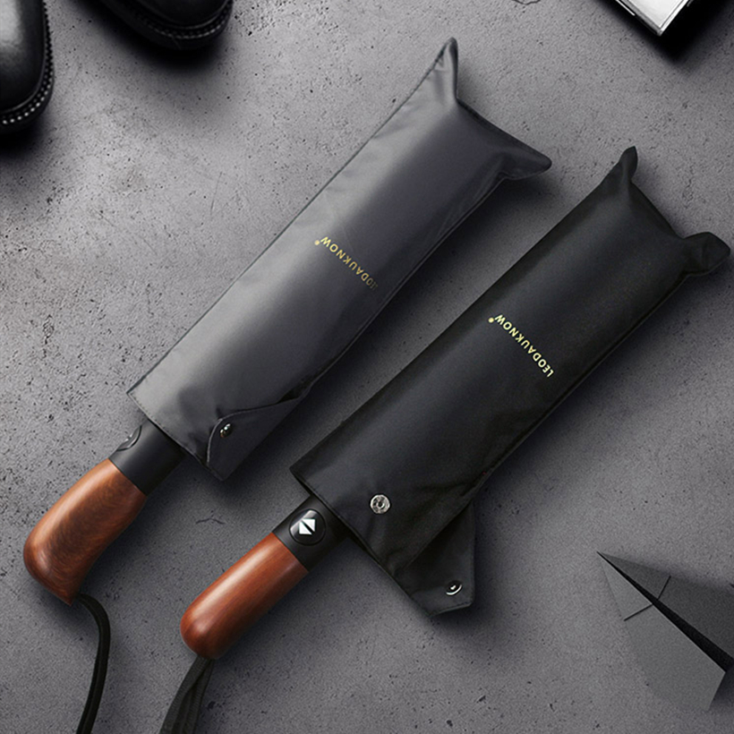 Leodauknow vindafvisende folde automatisk paraply auto luksus stort vindtæt læderhåndtag paraplyer regn til mænd