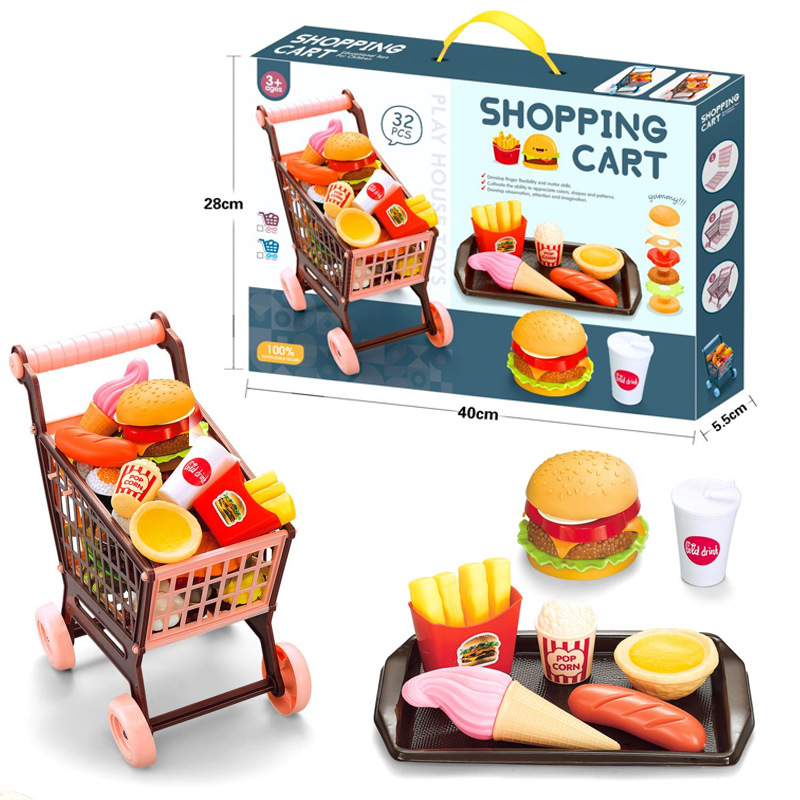 Chariot de supermarché pour enfants, voiture, jouets, Simulation de panier, fruits, BBQ, viande, nourriture, assemblage, maison de jeu