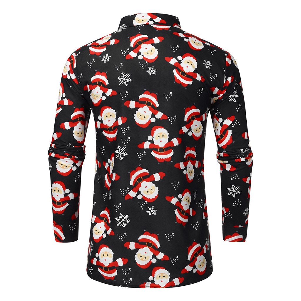 Feitong Christmas Shirts For Men Casual Snowflakes Santa Candy Printed Top Blouse Black Shirt Homme Camisas