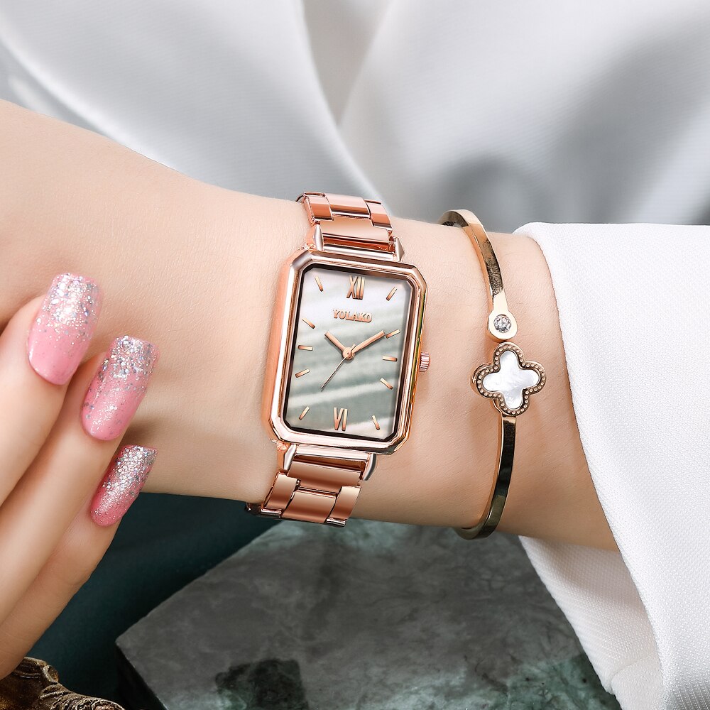 Klasyczna marka zegarek damski ze stali nierdzewnej prostokąt zielone modne zegarki damskie różowo-złoty kwarc bransoletka robić zegarka na rękę