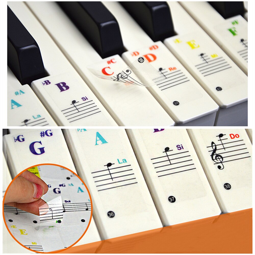 Gjennomsiktig avtakbar musikkdekal notater piano tastatur klistremerker 54/61 or 88- nøkkel elektronisk piano piano piano spektrum klistremerke symbol
