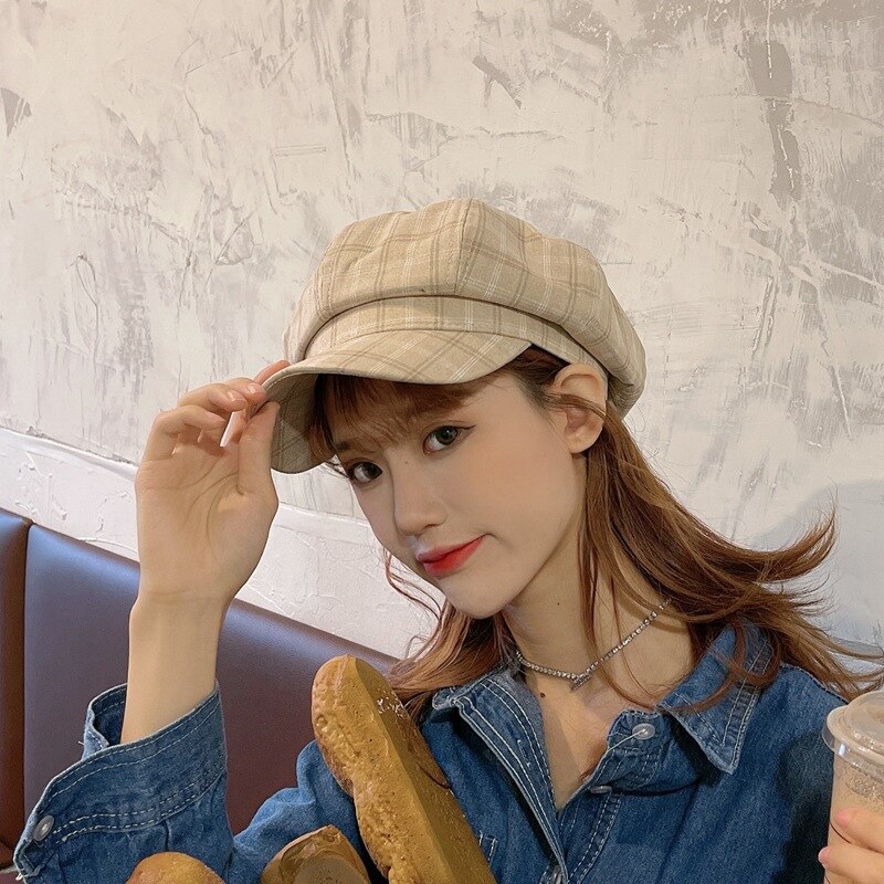 Foux Krantenverkoper Caps Vrouwen Zomer Herfst Lente Plaid Dunne Verstelbare Touw Achthoekige Baker Jongen Schilder Hoed Mode Korea: Khaki