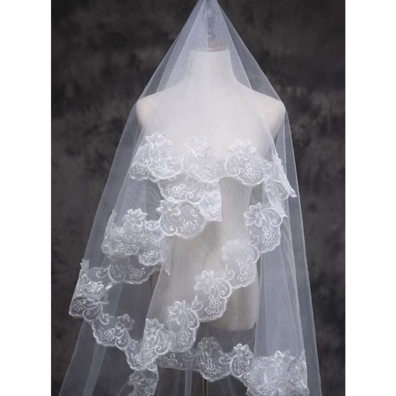 Voile de Tulle blanc Ultra Long, 1.5/2/3/5M, 1 couche, voile de mariage, large, brodé, Floral Hexagonal, bord appliqué, 1.5/2/3/5M