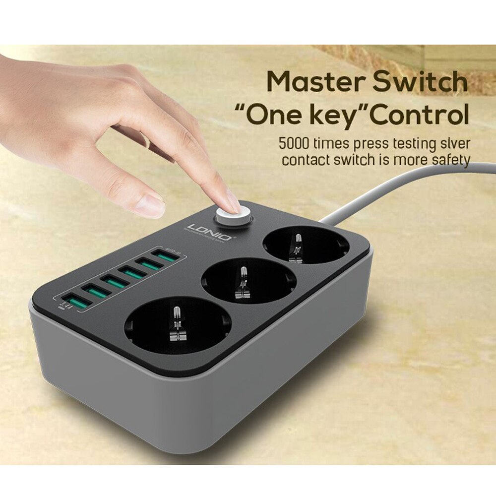 EU Power Strip with 3 Outlets 6 USB Ports 1.6m Extension Cord Surge Protector EU Plug Outlets smart Electric Socket