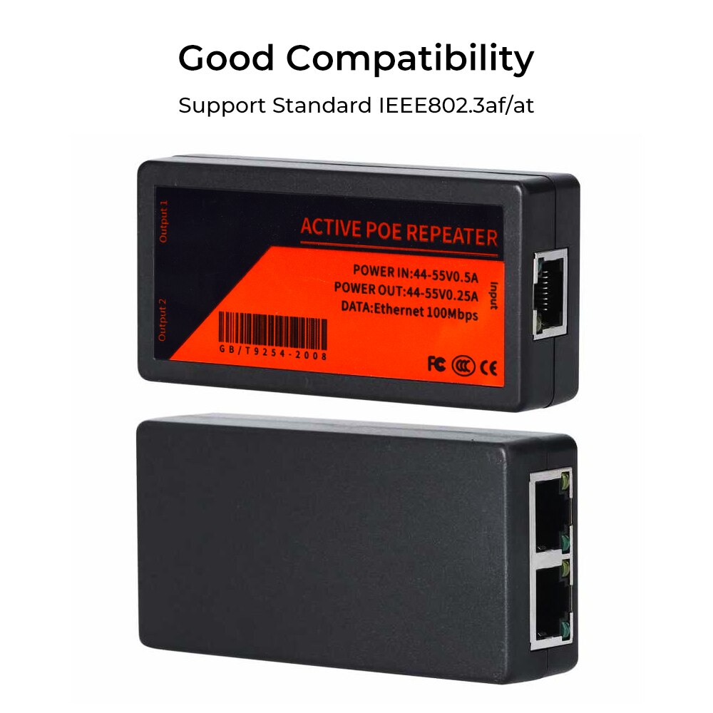 1 to 2 POE Injector network extender 100Mbps camera adapter splitter standard DC44V-55V 0.5A camera POE repeater