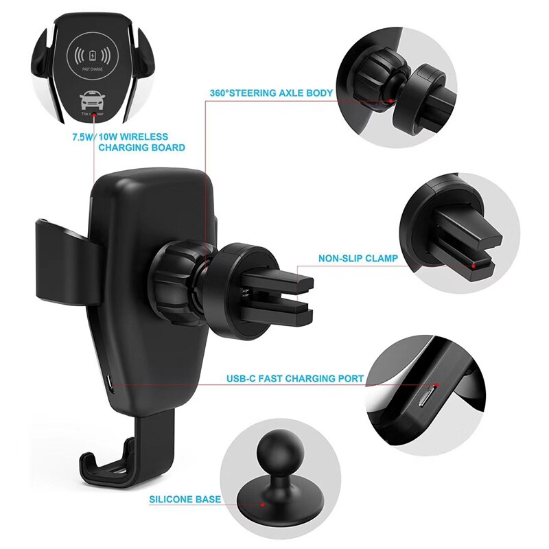 Chargeur sans fil de voiture à induction par gravité pour téléphone, support de smartphone à ventilation rapide pour Samsung et iPhone XS, 11 Max, XR, 8, Note S9, S8,