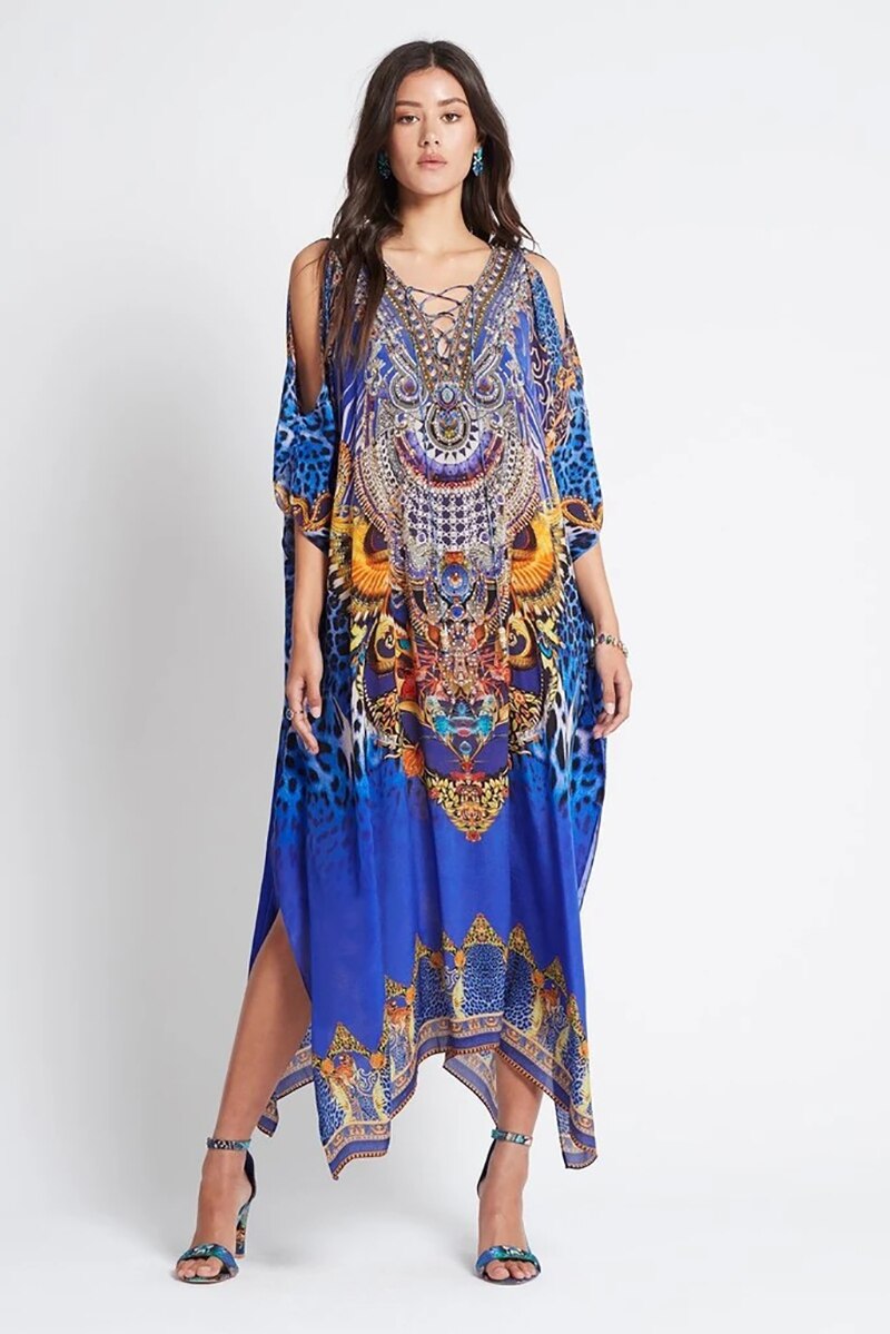 Fitshinling Open Schouder Boho Lange Jurk Print Lace Up Split Sexy Pareos Vintage Maxi Jurken Vrouwen Zomer Gewaad