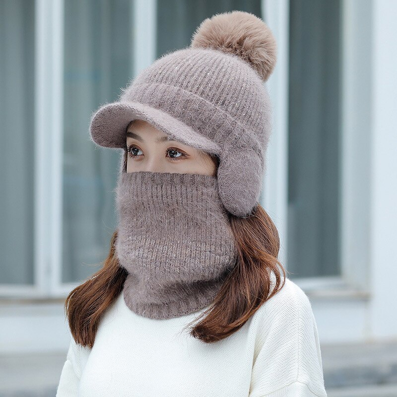Chapeaux tricotés à visière avec oreillettes pour femmes, épais et , Protection des oreilles, confortable, équitation en plein air, écharpe Anti-froid, hiver