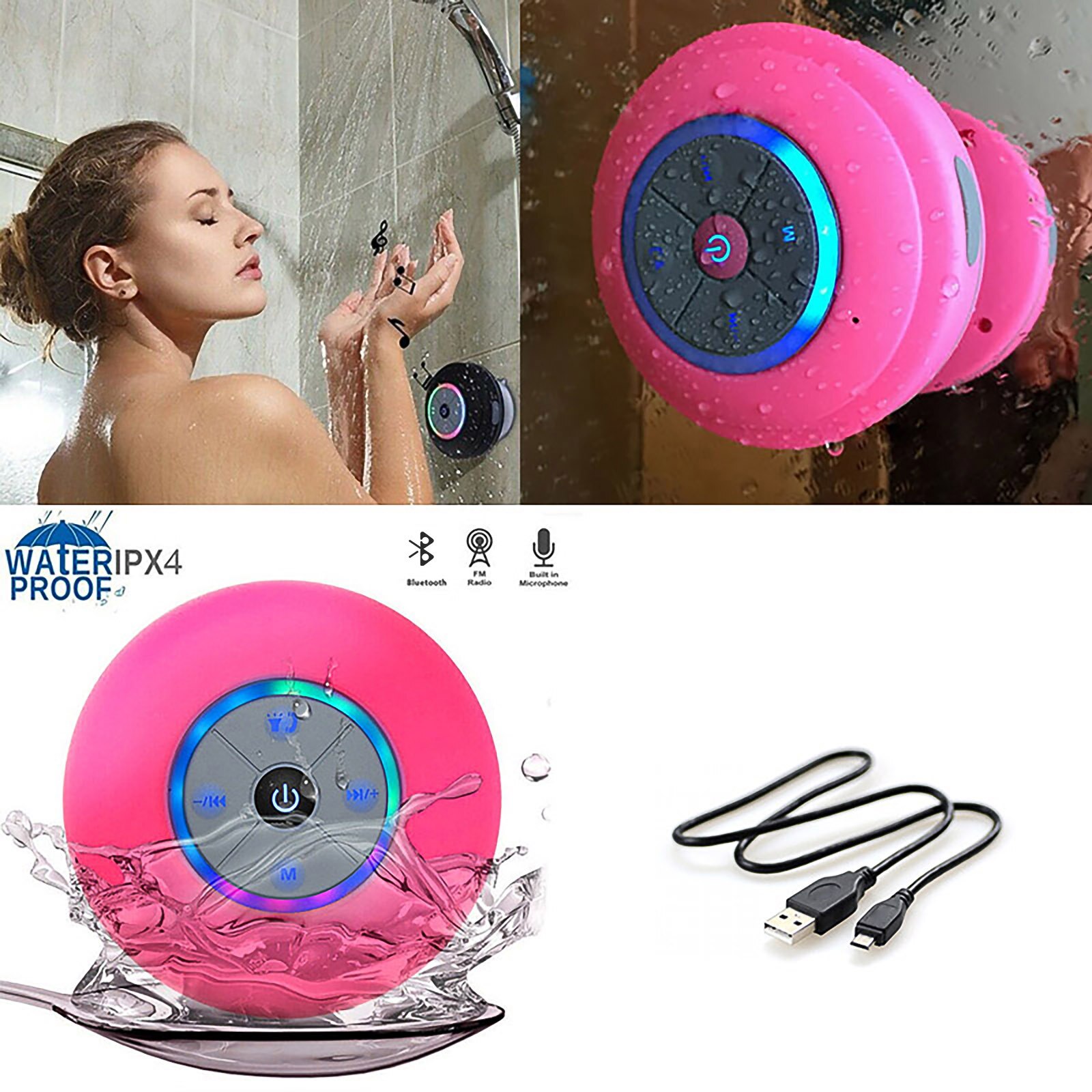 Waterproof Bluetooth Shower Speaker Hands-Free Car Portable Speaker Cool Shower Speaker Wireless Portable Bluetooth Speaker: pink