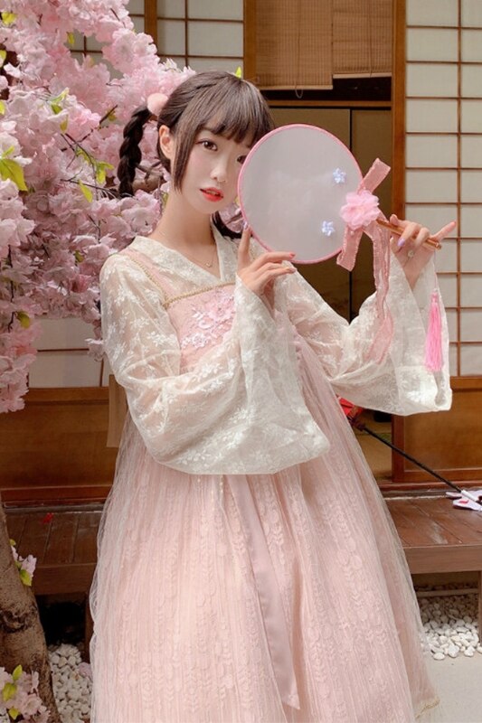 Vintage Renaissance Chinese Style Girls Sweet Princess Lolita Dress Women Hanfu Style Lace Mesh Blouse 2 Piece Set Fairy Dresses