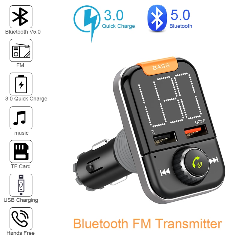 Bluetooth 5.0 Bass Sound Fm-zender voor Auto Draadloze Radio A2DP Zender Adapter met Handsfree Bellen Dual USB poort