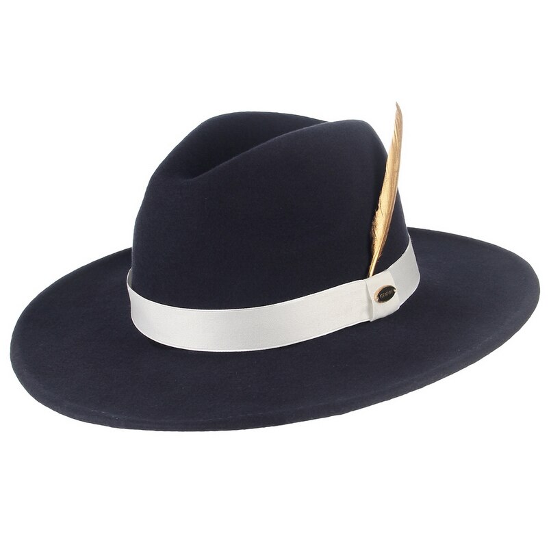 Gemvie stiv bred skygge 100%  uld fedora filthat til kvinder mand stribet fjerbånd efterår vinter panama jazz kasket: Marine blå