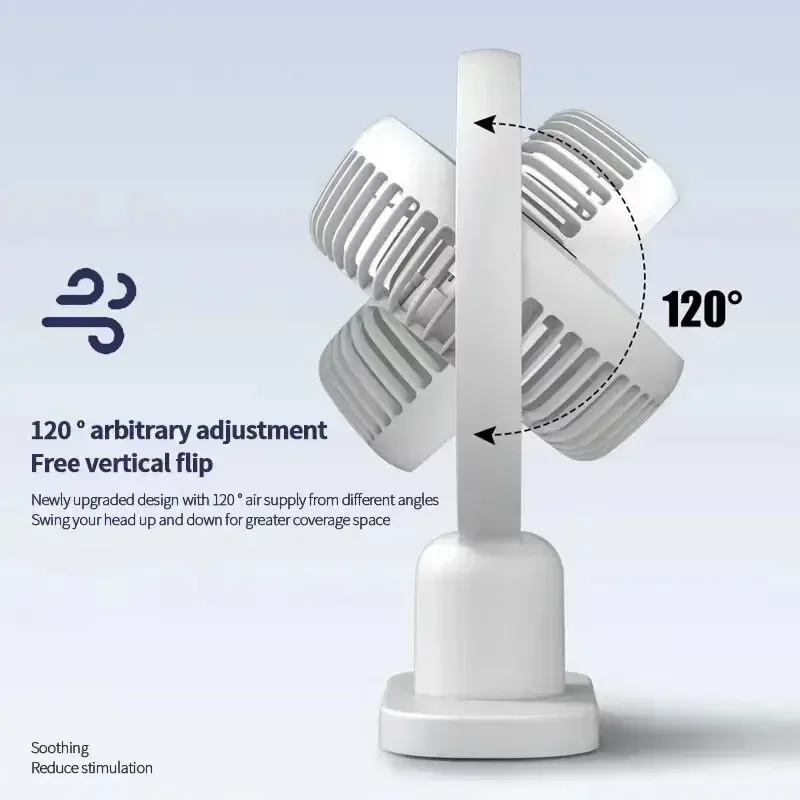 Tragbarer kabelloser Ventilator mit Nachtlicht 120 ° Rotation leiser Mini-Elektroventilator, wiederaufladbare USB-Ventilatoren für Desktop-Büro und Zuhause