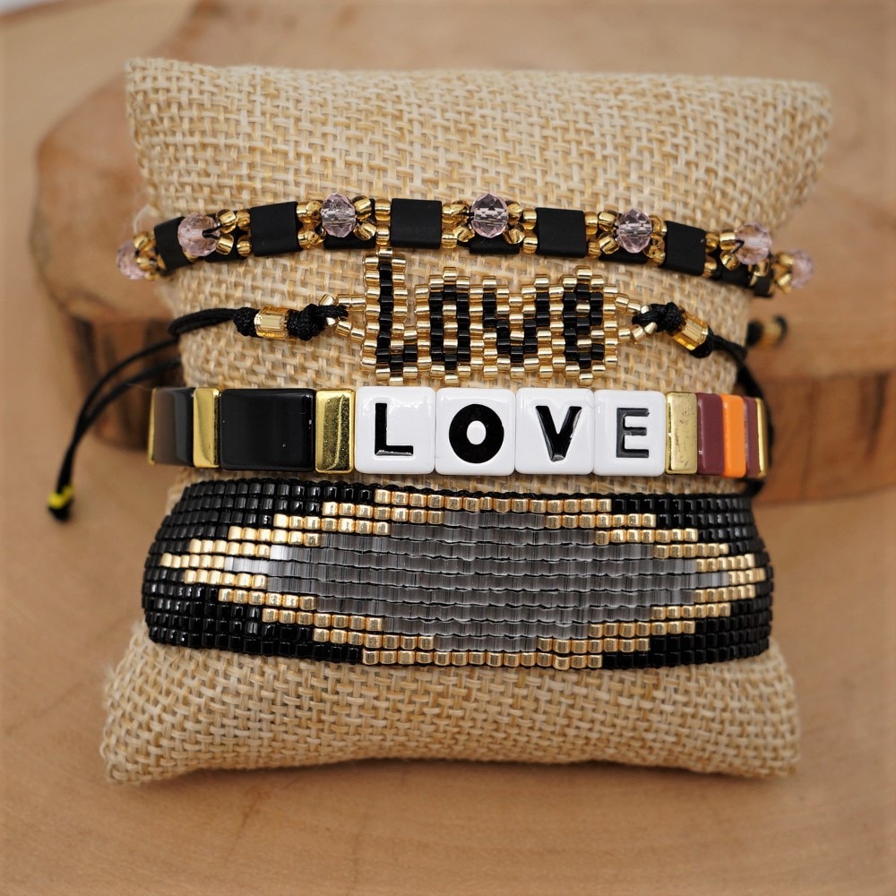 ZHONGVI Tile Bracelet For Women LOVE Letter Pulseras Mujer Moda Black Heart Jewelry Enamel Beads Boho Handmade