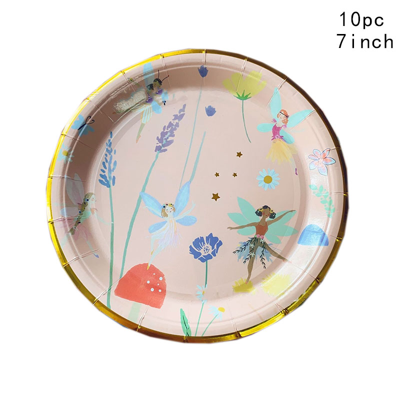 10Guests Fairy Disposabel Tableware Butterfly Goddess Plates Napkin Cups Spring Flower Princess Happy Birthday Party Decor Girl: Fluorescence Yellow