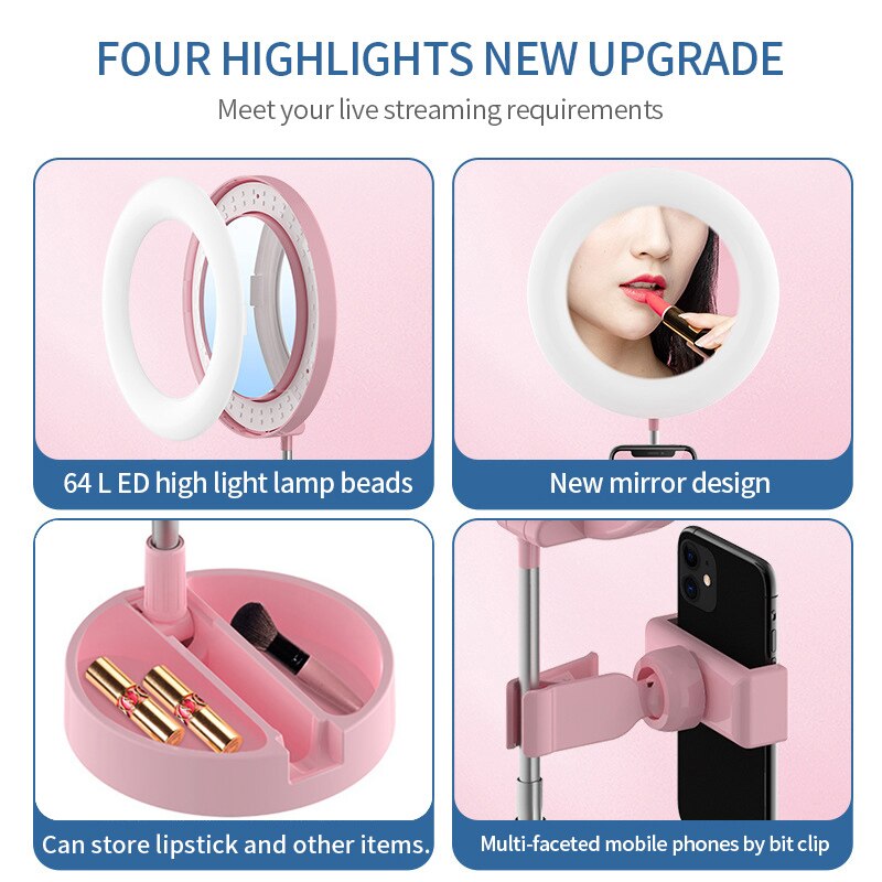 Trépied pliable pour téléphone avec miroir LED, support de téléphone pour maquillage en direct