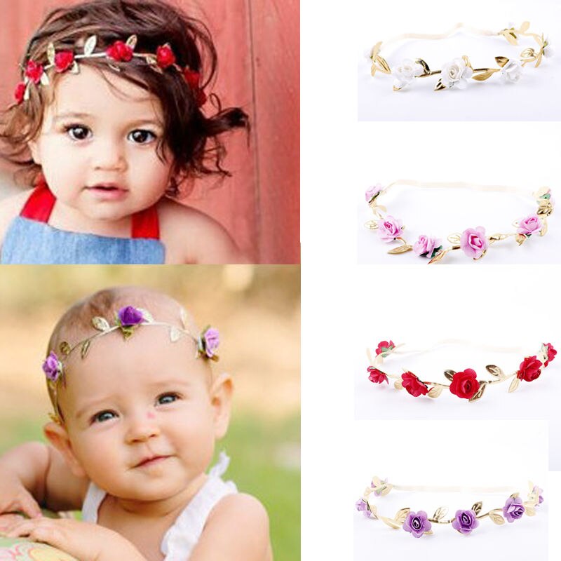 Neue Baby Mädchen Rose Headwear Blumen Crown Elastische Gold Blätter Haar Band Prinzessin Nette Stirnband Baby Mädchen Foto Prop Zubehör