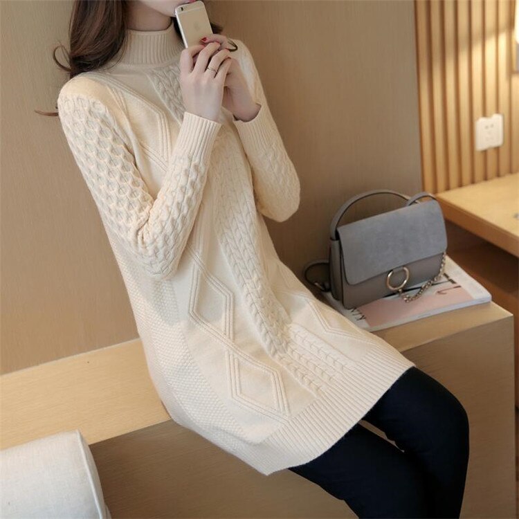 Autumn Winter Sweater Dress Thick Turtleneck Knitted Dresses Warm Bodycon Mini Vestidos Pure Women Elastic Knitwears Women: Beige