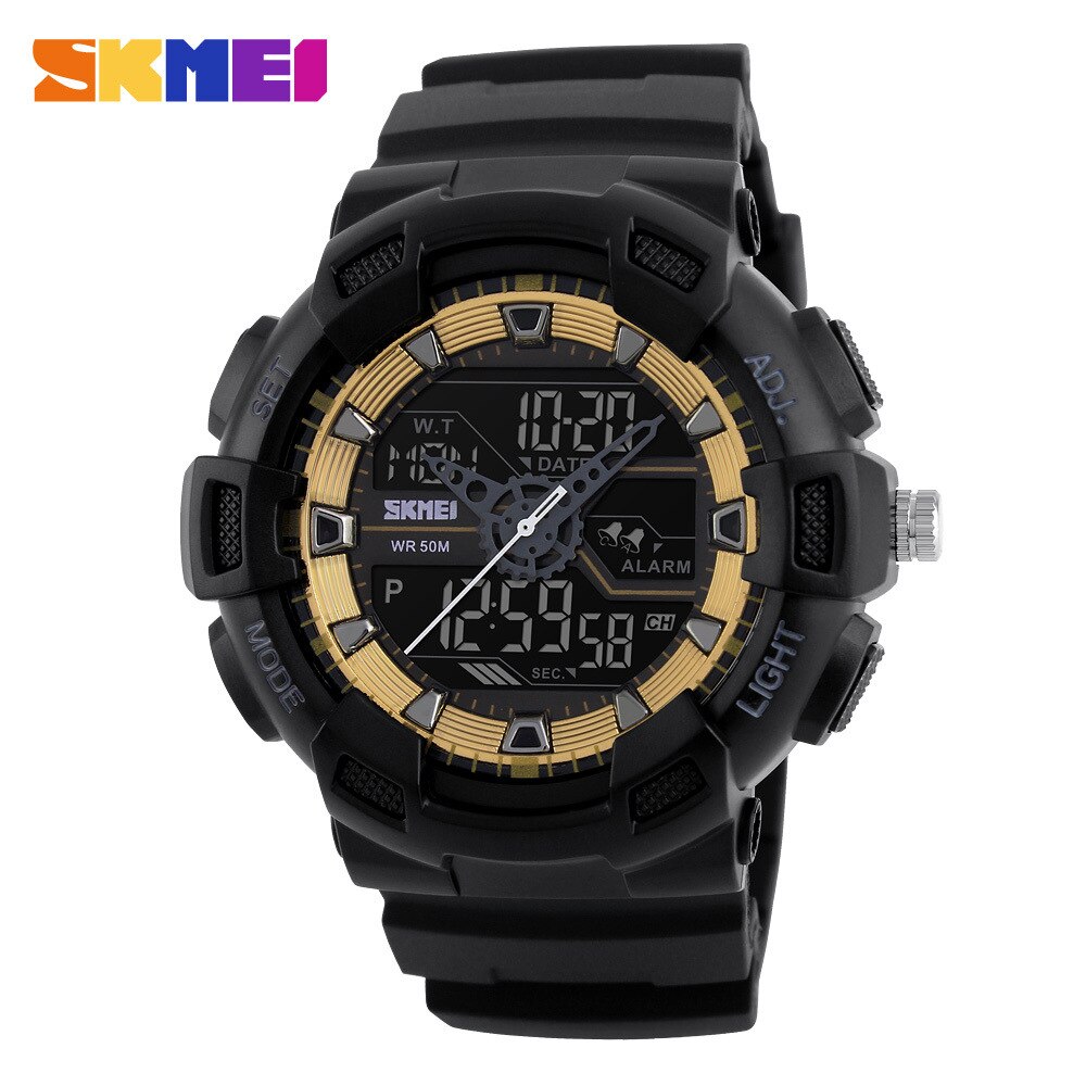 SKMEI 1189 Men Sport Digital Wristwatches Chronograph Alarm Clock Outdoor Full Black Dual Time Display Watches: Gold
