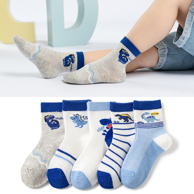 Calcetines de verano para niños y niñas, medias de algodón con dibujos de dinosaurios, 5 pares
