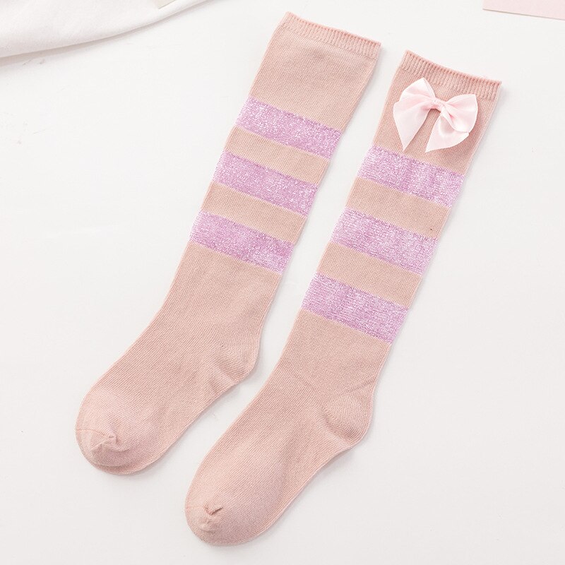 Calcetines largos de algodón con lazo para niñas, hasta la rodilla, a rayas, Seda brillante, 1 par, de 1 a 5 años: Rosa / 1 to 2 Years