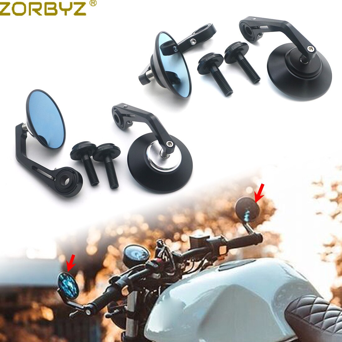ZORBYZ Motorcycle Black CNC Aluminium Round Handlebar end Side Mirror 12mm Bolt-on For BMW R nineT Scrambler Urban HP4 S1000R