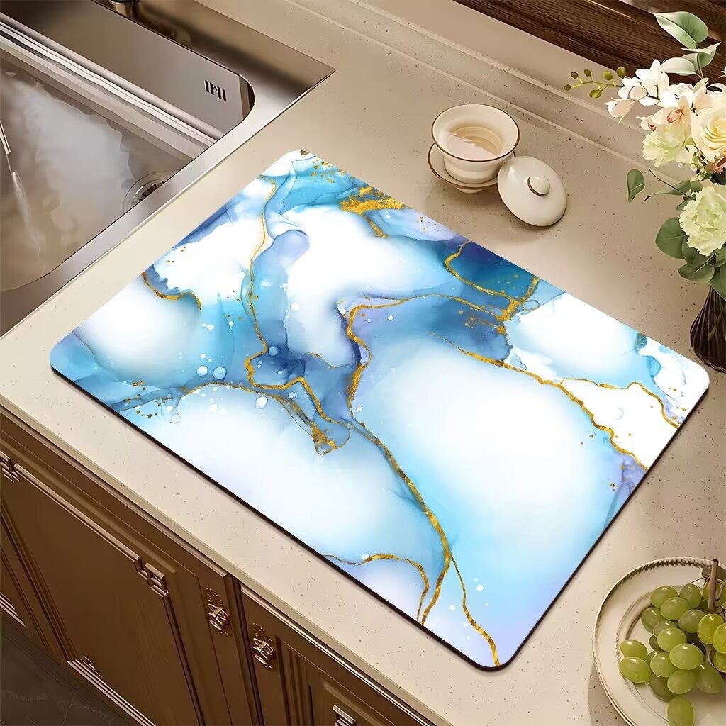 Moderne Marmor-Abtropfmatte, Kieselalgen-Schlammteppich für Küche, Badezimmer, rutschfeste Unterlage, Super saugfähige Abtropfpads für Zuhause, Couchtisch-Dekoration: 40x120 cm / Marine Blau