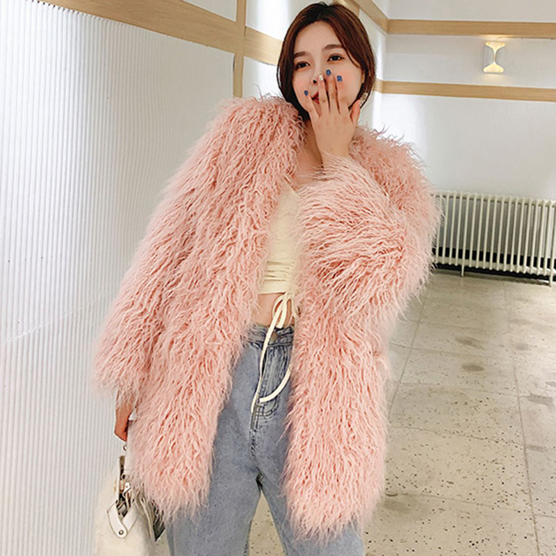 Casaco de pele do falso estilo coreano sólido mid-length rosa mongólia casacos de pele de ovelha para as mulheres inverno do vintage quente casaco de pele artificial