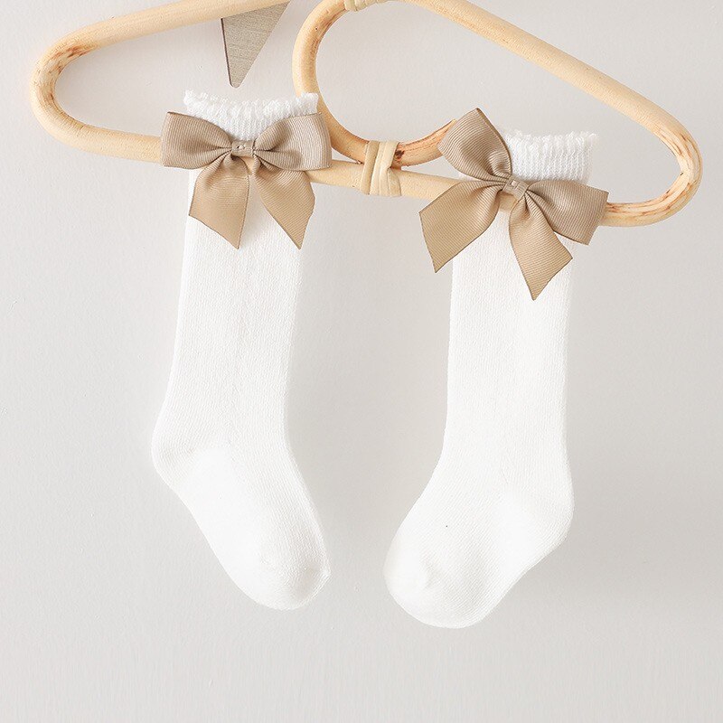 Chaussettes mignonnes pour bébé fille, avec nœud, en maille, pour -né, en coton, de couleur unie, pour enfants de 0 à 3 ans: white