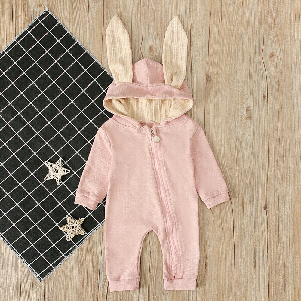 Söt nyfödd bebis pojke flicka kanin strumpor lång öra huva jumpsuit kanin lekdräkt höst vinter bebis pojke flicka påsk kostymer: Rosa / 12m