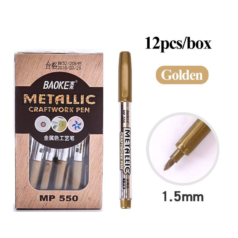 Baoke-rotuladores multiusos de Metal para manualidades, rotuladores de pintura permanente a prueba de agua, suministros de arte para estudiantes, 1,5mm, 6 colores: 12Pcs Gold
