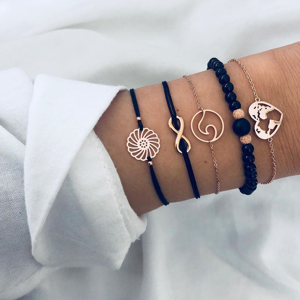 5 Pz/impostato Boho Cuore Mappa Cavità Del Fiore Del Branello A più Strati Del Braccialetto per Le Donne Catena Braccialetto Squisito Bracciale A Catena in Oro impostato: Default Title