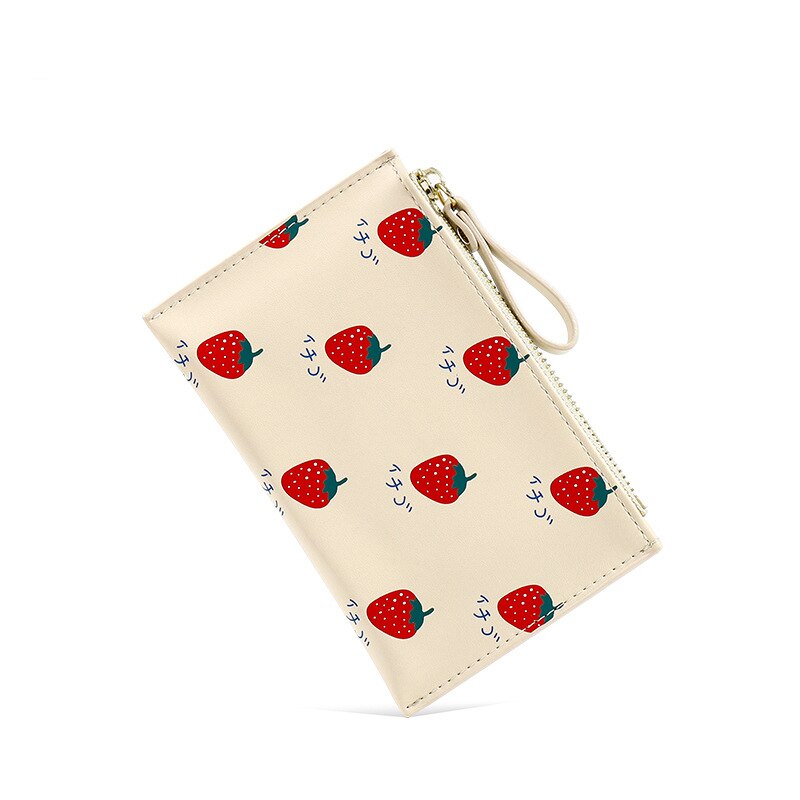 PURDORED 1 Pc Cute Women Card Holder Small Fruit Patterns Credit Card Case PU Female Minimalist Zipper Mini Coin Purse Wallet: beige strawberry