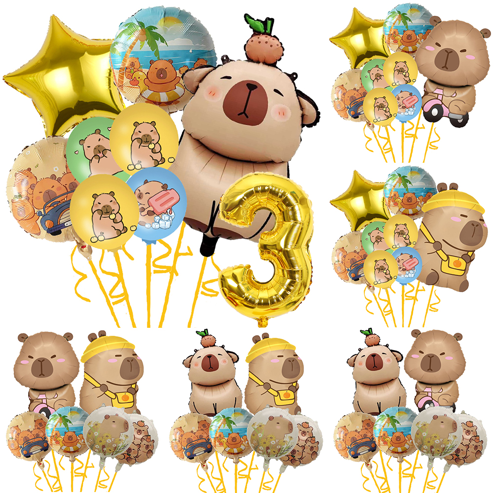 Juego de Globos con tema de capibara de dibujos animados, decoraciones para de cumpleaños de animales para niños con número de lámina de caramelo de 32 pulgadas, Globos para Baby Shower, juguete de