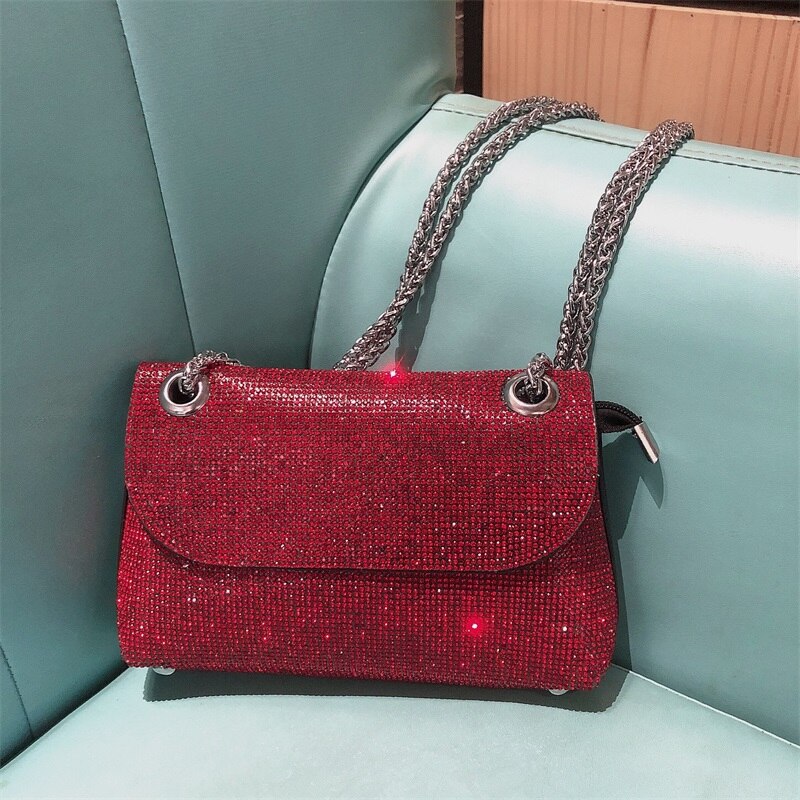 Bolso de mano con diamantes de imitación para mujer, superllamativas, cadena de Plata a la , bolso de hombro tipo bandolera,: Rojo
