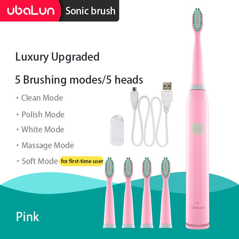 Sonic Toothbrush Vibrator Electric Toothbrushes Oral Care Adult Children Electric Toothbrush Ultrasonic Tooth Brush: 5 modes 5 heads Pink