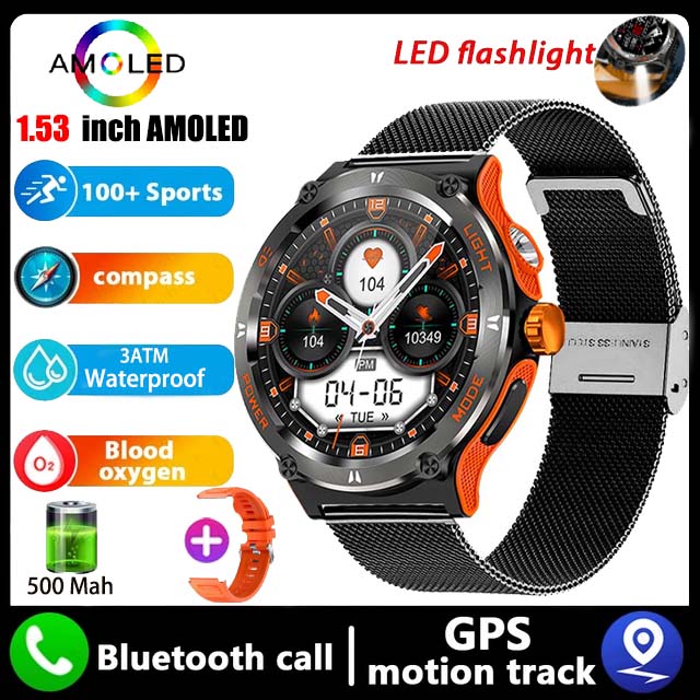 Montre intelligente de camion GPS militaire pour hommes, écran HD AMOLED, fréquence cardiaque, montre intelligente de sport étanche IP68, Android IOS, extérieur, , 2024: GRIS