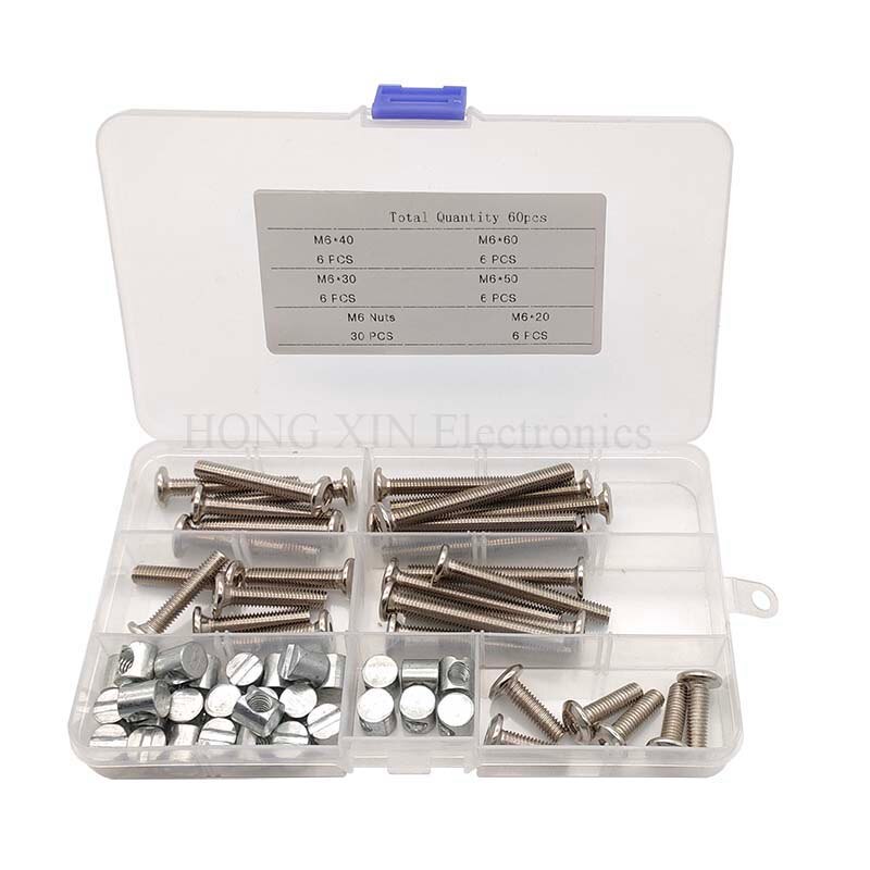60pcs/set Nickel Plated Hexagon Hex Socket Flat Head Screws&Nuts M6 Length 20-60mm