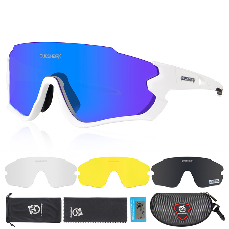 QUESHARK QE45 Fietsen Brillen Fiets Glassess voor Mannen Vrouwen Gepolariseerde Fietsen Goggles UV400 4 Lens Voor MTB Road fiets: White