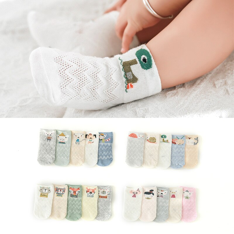 5 Pairs 0-5Y Baby Sokken Cartoon Gedrukt Dunne Leuke Buis Kid Sokken Meisje Jongen Katoen Mesh Ademend Peuter Sokken Kind accessoires