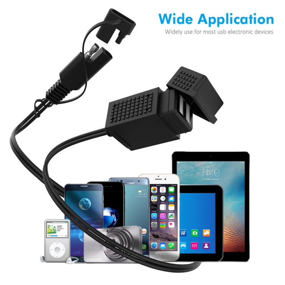 3.1A Motorcycle SAE Cable To 2 USB Adapter Weatherproof Charger Socket Durable And Practical