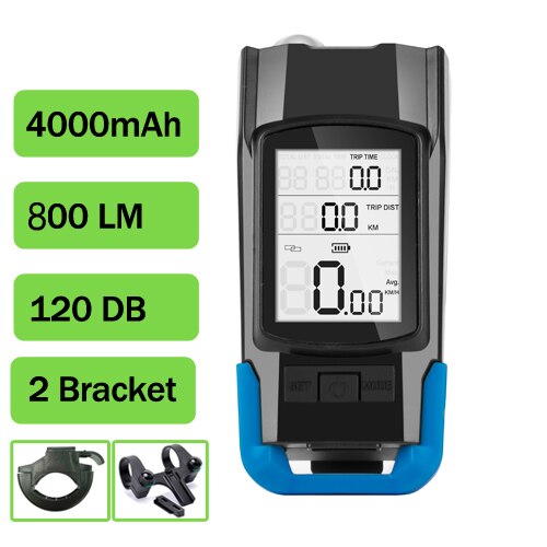 Wireless Bicycle Computer MTB Cycling Bike Odometer Stopwatch Speedometer Integrated 800LM Headlight 120DB Horn Accessories: Blue C
