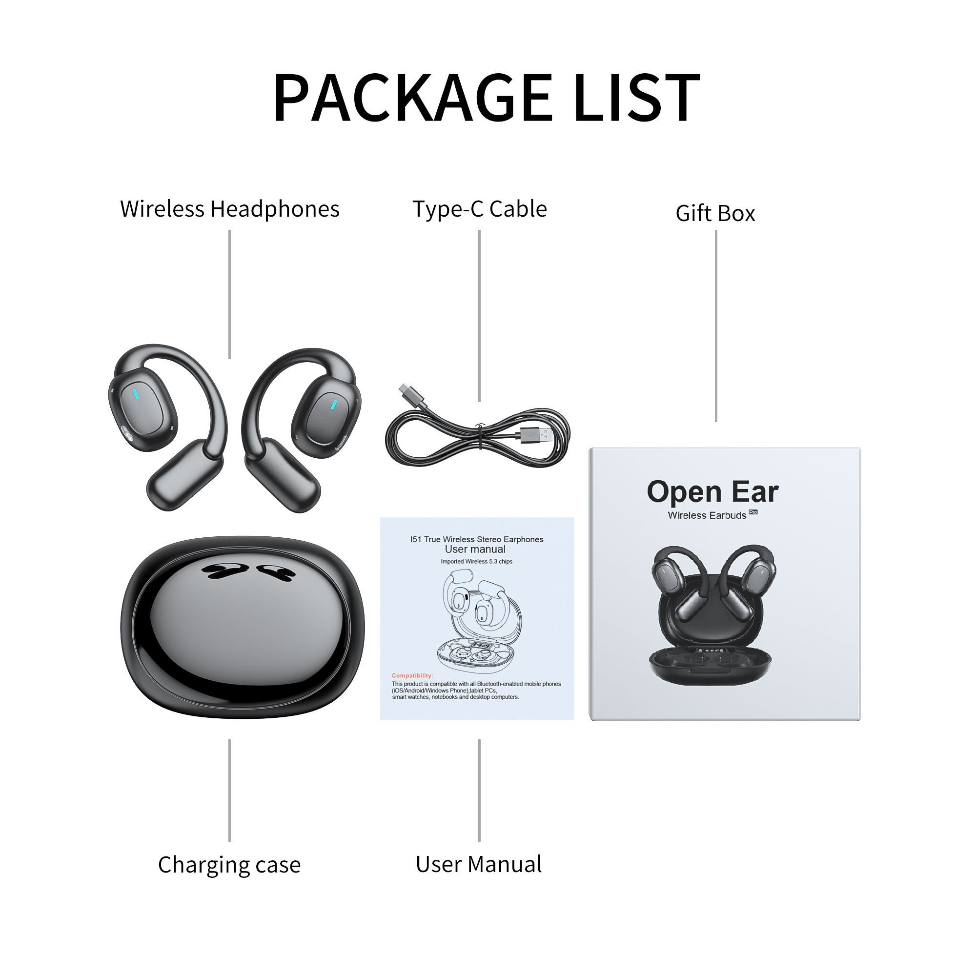 Auricolari con gancio auricolare ows  i51 auricolari sportivi wireless con cancellazione del rumore, display di alimentazione a led, cuffie bluetooth, cuffie aperte