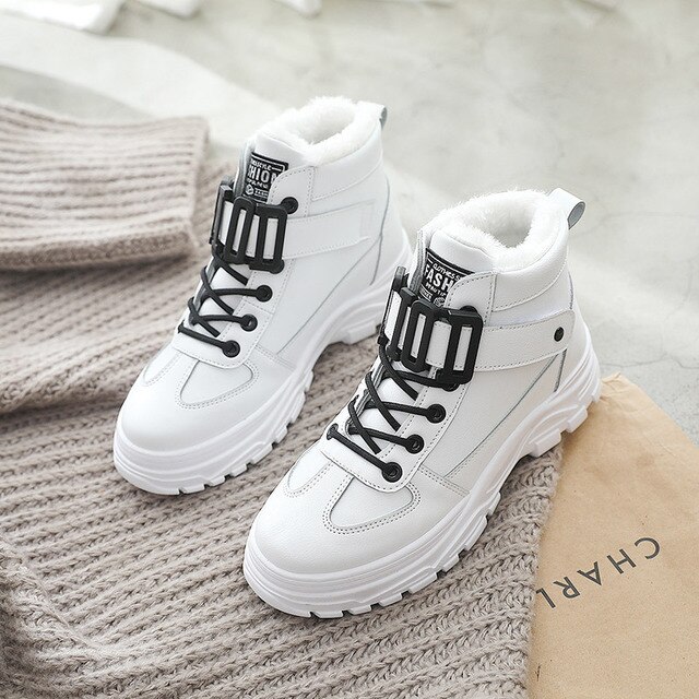 Kvinnor vinterskor sammet päls platå sneakers svart/vit hög topp kvinnliga fritidsskor bomull vadderade snöskor  u275