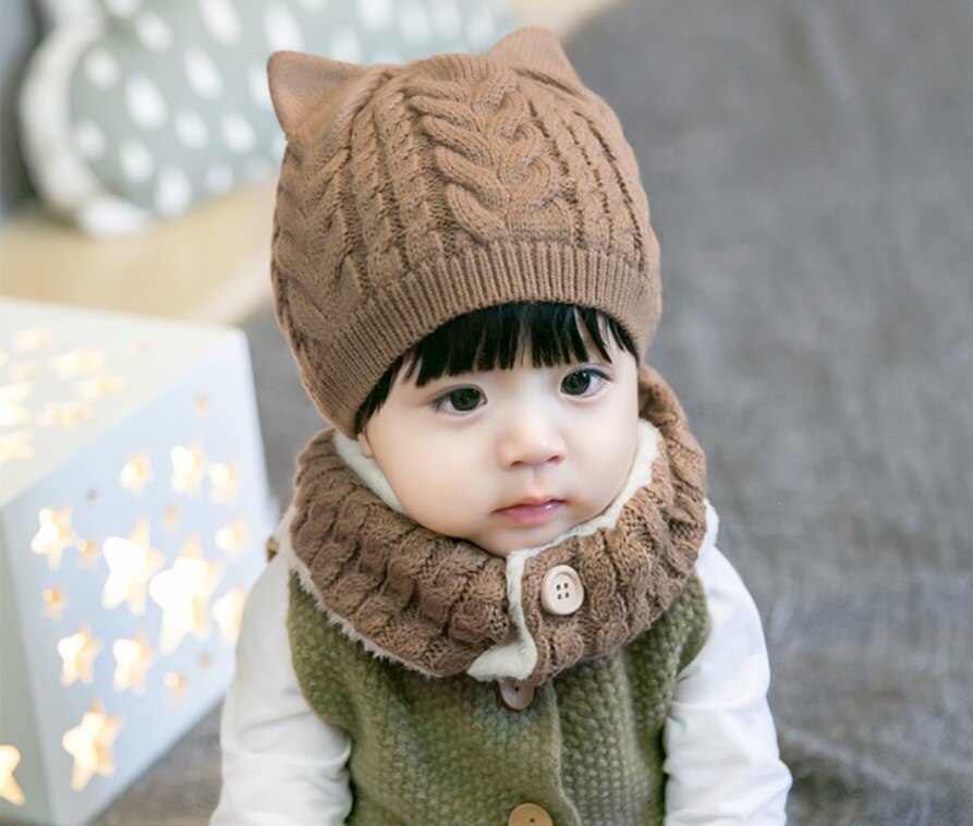 Peuter kinderen baby jongen meisje capuchon sjaal muts muts winter warme gebreide flap sjaal