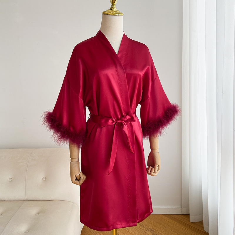 Robe de demoiselle d'honneur en Satin, Kimono, Lingerie intime, Sexy, manches plumes, peignoir, chemise de nuit, vêtements de nuit courts, taille unique: BLEU CIEL