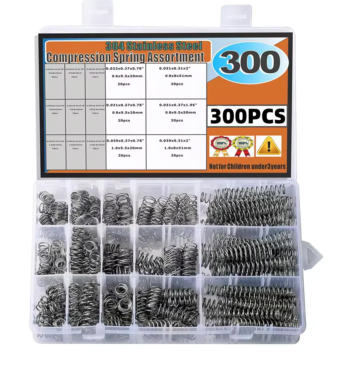 Kit de resorte de compresión de acero inoxidable de 300 piezas, 15 tamaños (0,39-2 pulgadas/10-50 mm), kit de resorte de compresión versátil
