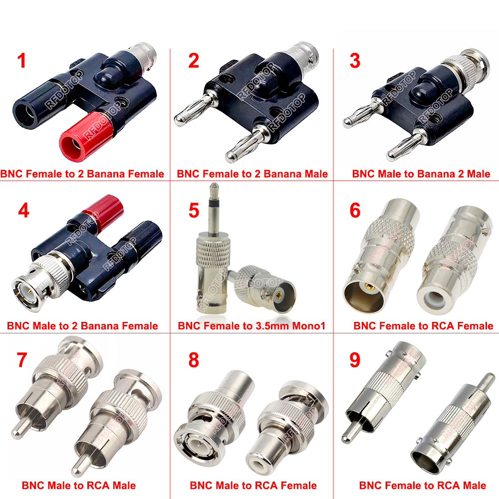1 pc  q9 bnc to rca/banana /ts3,5mm plug/socket converter for av/tv/video/audio, rca-j to bnc male/female rf coax adapter